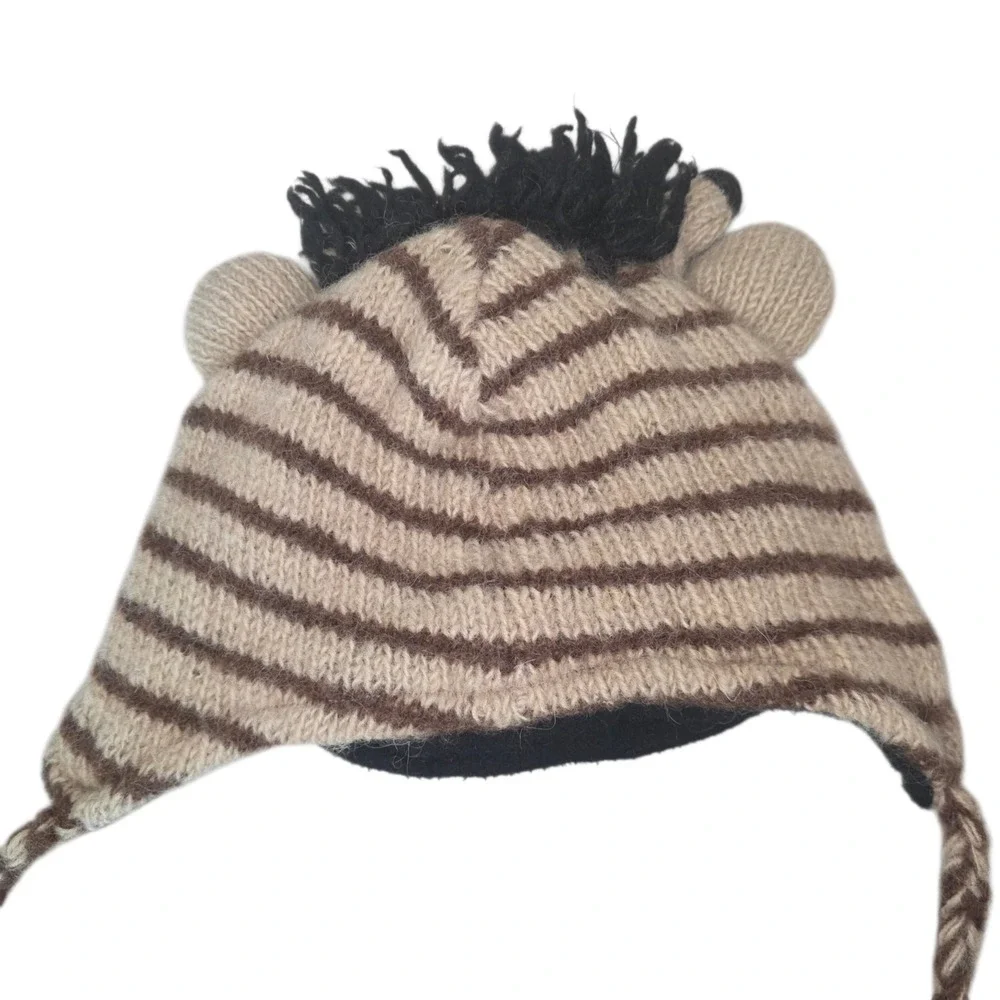 Kids 100% Wool Zebra Animal Beanie Hat Braided Chin Ties Pom Poms Brown